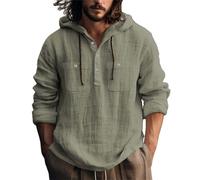 Camicia in Lino da Uomo Estiva Comode Felpe con Cappuccio Elegante Leggera Vacanze Magliette con Bottoni Tinta Unita Maniche Lunghe Camicia con Coulisse Traspirante Taglie Forti Henley Shirts