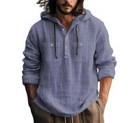 Camicia in Lino da Uomo Estiva Comode Felpe con Cappuccio Elegante Leggera Vacanze Magliette con Bottoni Tinta Unita Maniche Lunghe Camicia con Coulisse Traspirante Taglie Forti Henley Shirts