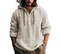 Camicia in Lino da Uomo Estiva Comode Felpe con Cappuccio Elegante Leggera Vacanze Magliette con Bottoni Tinta Unita Maniche Lunghe Camicia con Coulisse Traspirante Taglie Forti Henley Shirts