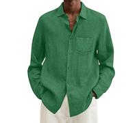 Camicia in lino da uomo, oversize, tinta unita, a maniche lunghe, in cotone, con risvolto, comoda camicia per il tempo libero, taglie forti, camicia da falegname, camicia da uomo, O verde, XXXL