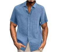 Camicia in lino da uomo, tinta unita, in cotone, lino, casual, in mussola hawaiana, con bottoni, grande taglia, estiva, sottile, a maniche corte, leggera, per il tempo libero, S-5XL, Azzurro, M