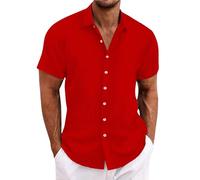 Camicia in lino, per il tempo libero, con tasca sul petto, a maniche corte, da uomo, in tinta unita, da spiaggia, da uomo, Colore: rosso, L