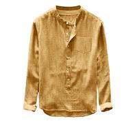 Camicia in Lino Uomo - Maglie Uomo Mens Sleeve Bluse Winter Button Casual Long Autumn Cotone E Fashion Linen Top Men Camicie (Yellow M)