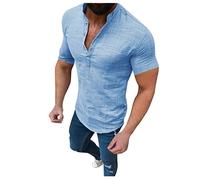 Camicia in Lino Uomo Maniche Corte Estiva Casual Camicie con Bottoni Elegante Leggera Traspirante Henley Shirt Blu Cotone Slim Fit Coreana Camicia Firmate Chic Hawaii Camicia Maglietta Mare Vacanza