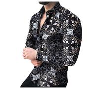 Camicia in popeline stampata a maniche lunghe slim fit da uomo camicia in cotone Funky floreale hawaiana camicia button down partito casual fantasia camicie floreali, Nero , M