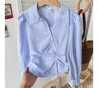 Camicia in tessuto lavorato con colletto a righe blu e bianco, orlo asimmetrico arricciato, stile vintage vintage per ragazze pre-adolescenti, adatta per il ritorno a scuola, camicia a righe blu, cami