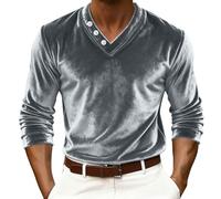 Camicia in velluto da uomo a maniche lunghe slim fit prom scollo a V camicie da festa classico pullover da lavoro con 3 bottoni tinta unita da sposa formale strato base leggera traspirante calda