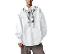 Camicia invernale da uomo, a maniche lunghe, con bottoni, per il tempo libero, con sciarpa a righe rimovibile, a righe, a maniche lunghe, da lavoro, in tinta unita, O bianco., L