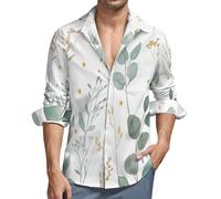 Camicia Lino Bianco Uomo Manica Lunga Camicia Fiori Di Campo Acquerellati E Foglie Di Eucalipto Casual Estiva con Bottoni Slim Fit Hawaiana Maglietta da Spiaggia Comode Leggera Shirt Taglie Forti S