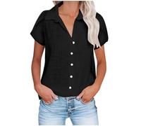 Camicia Lino Donna Camicie in Lino Cotone Camicie a Maniche Corte per Donna Casual Estate 2026 Colletto in Cotone e Top vestibilità Ampia Camicetta Camicia Basic Cappotto con Tasche (Black XL)