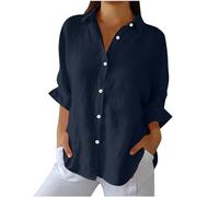 Camicia Lino Donna Estiva Cotone e Lino Donna Camicia Casual Curvy con Maniche Lunga e Colletto a Revers in Tinta Unita Leggera e Comoda per L'Estate Camicetta alla Moda