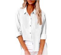 Camicia Lino Donna Estiva Manica Lunga Floreale Women's Cotton Linen Shirts Trendy Long Sleeve Down Lapel Blouses 2026 Solid Color Elegant Pleated Tops Camicette Maniche Lunghe Casual Top (White,XL)