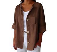 Camicia Lino Donna Maniche 3/4 Blazer Estiva Elegante Giacca da Donna con Collo a Risvolto Camicie Blusa con Bottoni e Tasche Laterali Camicetta da Spiaggia Leggera Comode Lavoro Feste Ufficio Viaggi