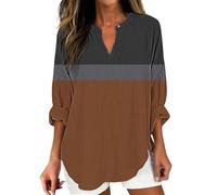 Camicia Lino Donna Maniche Corte Lunga Oversize Womens Cotton Linen Tops for Women Spring Summer V Neck Roll Up 3/4 Sleeve T Shirts Plain Graphic Tees Completo Donna Casual Maniche Lunghe (Coffee S)