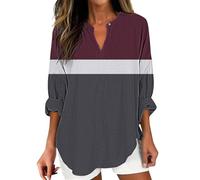 Camicia Lino Donna Oversize Lunga Maniche Corte Womens Cotton Linen Tops for Women Spring Summer V Neck Roll Up 3/4 Sleeve T Shirts Plain Graphic T Shirt Donna Cotone Oversize Maniche Corte (Wine M)