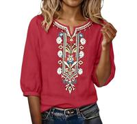 Camicia Lino Donna Ricamata Manica Lunga Elegante Camicetta con Scollo a V Bluse e Camicie Floreale Donna Oversize Blouses Boemia Vintage Top da Spiaggia Maglietta Leggera e Comoda per Anziani