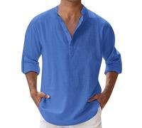 Camicia Lino Uomo Camicie Manica Lunga Estiva Maniche Lunghe Abbigliamento Estivo Linen Shirt Men No Stiro di Coreana Maglietta in Collo Diplomatico Magliette Elegante Cotone Henley,Blue,S,Blu