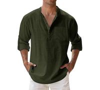 Camicia Lino Uomo Coreana Elegante Manica Lunga Camicetta Casual Estiva con Bottoni Slim Fit Hawaiana Maglietta da Spiaggia Comode Traspirante Leggera Shirt Lino Taglie Forti Elasticizzata T-Shirt