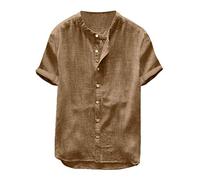 Camicia Lino Uomo Estiva Collo Coreana Camicie Cotone Leggera Bianca Camicia Manica Corta Mare Slim Fit Traspirante Bluse Botton Down Taglie Forti Classica Camicie da Lavoro Estate 2025 Moda