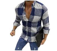 Camicia Lino Uomo Lapels Camicia A Scacchi Uomo Manica Lunga Regular Fit Manica Lunga Top Uomo Button Placket Camicia Causale Uomo C-Blue S