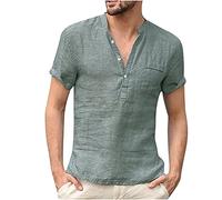 Camicia Lino Uomo Manica Corta Henley T-Shirt Scollo a V Basic Estiva in Lino Casual Vintage Palestra Maglietta Tinta Unita Original Tee Cotone Maglia Elegante