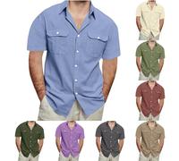 Camicia Lino Uomo Manica Corta T Shirt Uomo Estiva Henley Shirts con Taschino Camicie Risvolto Maglietta in Tinta Unita Tshirt Lose Fit Camicie con Bottoni Shirts Traspirante Hawaii Magliette