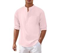 Camicia Lino Uomo Manica Lunga Estiva Cotone Henley Shirts Collo Coreana con Bottoni Tinta Unita Elegante Casual da Spiaggia