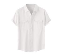 Camicia Lino Uomo Vendita, Camicie a Maniche Corte in Cotone Lino da Uomo con Bottoni Tinta Unita Traspirante Camicie con Due Tasche sul Petto Maglietta con Risvolto Casual da Spiaggia T-Shirt