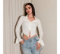 Camicia lunga a maniche lunghe con scollo a V e bottoni, con cordoncino, in stile cinese moderno, adatta per scuola, lavoro, spiaggia, brunch, compleanni, club, stile anni 70 L,M,S,XSColore unicoTessu