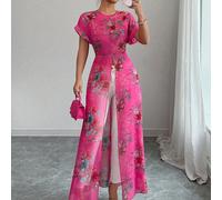 Camicia lunga con maniche a pipistrello, orlo spezzato e stampa floreale, adatta per vacanze L,M,S,XLTessuto intrecciato