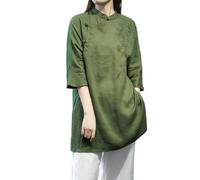 Camicia lunga da donna in cotone e lino, stile cinese, vintage, ricamata, tunica Hanfu con bottoni a rana, vestibilità larga, camicetta zen per meditazione, cerimonia del tè, abbigliamento casual
