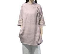 Camicia lunga da donna in cotone e lino, stile cinese, vintage, ricamata, tunica Hanfu con bottoni a rana, vestibilità larga, camicetta zen per meditazione, cerimonia del tè, abbigliamento casual