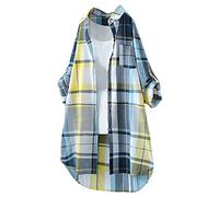 Camicia lunga da donna in lino, a quadretti, per primavera, a maniche lunghe, con bottoni, in lino, a maniche lunghe, giallo., XXXL