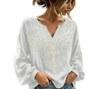 Camicia lunga da donna, stile hippie, stile bohémien, messicana, scollo a V, tunica folklore con ricamo, elegante, per il tempo libero, per il lavoro, O bianco., XXL