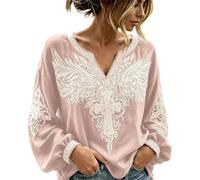 Camicia lunga da donna, stile hippie, stile bohémien, messicana, scollo a V, tunica folklore con ricamo, elegante, per il tempo libero, per il lavoro, O rosa chiaro, XXL
