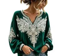 Camicia lunga da donna, stile hippie, stile bohémien, messicana, scollo a V, tunica folklore con ricamo, elegante, per il tempo libero, per il lavoro, O verde scuro, XXXL