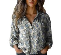 Camicia Lunga Larga Di Stampa Cotone E Linea Camicetta Top Ete T-Shirt Camicie Sciolto Tunica Chic Elegante Scollo a V Top Manica Lunga Cotone Lino A Buon Mercato Bottoni Traspirante T-shirt, grigio