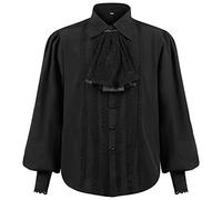 Camicia medievale da uomo con volant, maglietta gotica, a maniche lunghe, costume rinascimentale, vichingo vittoriano, steampunk, cosplay top, F nero., XL