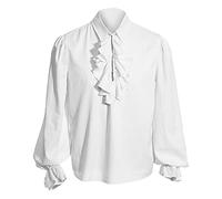 Camicia medievale da uomo Langram, in stile vittoriano con volant da uomo, con risvolto, Steampunk, camicia da pirata con lacci, elegante e rinascimentale, per Halloween e carnevale, bianco, S