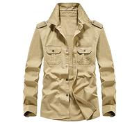 Camicia militare da uomo, casual, in cotone, a maniche lunghe, stile vintage, Camicia Militare Kaki, XXL