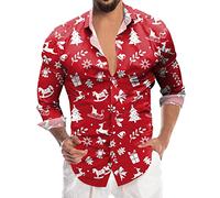 Camicia Natale Uomo, Camicie Uomo Manica Lunga Brutta Divertente Manica Lunga Abbottonata Pupazzo di Neve Elfo Babbo Natale Renna Stampa Camicia Uomo Slim Fit per Il Tempo Libero Natale