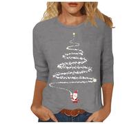 Camicia natalizia da donna con albero luminoso - Camicetta a maniche a tre quarti con scollo rotondo e design aderente per feste, 01 Grigio, XXL