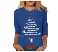 Camicia natalizia da donna con albero luminoso - Camicetta a maniche a tre quarti con scollo rotondo e design aderente per feste, 01 Blu, XXL