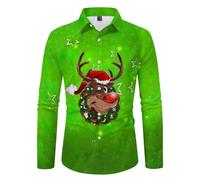 Camicia natalizia da uomo, 3D, divertente, con stampa natalizia, a maniche lunghe, per il tempo libero, con bottoni e camicie classiche, vestibilità normale, per il lavoro, O verde, S