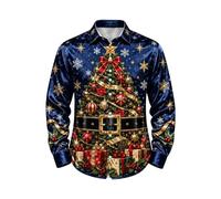 Camicia natalizia da uomo, a maniche lunghe, con bottoni, per Natale | Misto poliestere liscio come la seta, elegante abbigliamento per cene e feste, abbigliamento da ballo per feste, senza pieghe