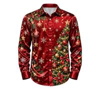 Camicia natalizia da uomo, a maniche lunghe, con bottoni, per Natale | Misto poliestere liscio come la seta, elegante abbigliamento per cene e feste, abbigliamento da ballo per feste, senza pieghe