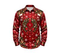 Camicia natalizia da uomo, a maniche lunghe, con bottoni, per Natale | Misto poliestere liscio come la seta, elegante abbigliamento per cene e feste, abbigliamento da ballo per feste, senza pieghe