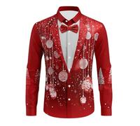 Camicia natalizia da uomo a maniche lunghe con design 3D con paillettes di Babbo Natale, stampa con alberi dorati, campane, abbigliamento per feste, feste di Natale ed eventi speciali, Y1-rosso