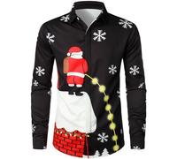 Camicia natalizia da uomo Funky Christmas Print Camicia a maniche lunghe con pupazzo di neve e albero di Natale, divertente maglietta per feste di Natale e vacanze, io, S