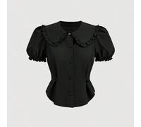Camicia nera aderente con colletto alla Peter Pan e maniche corte a palloncino, adatta per l'estate, top a maniche corte L,M,S,XSPoliestere